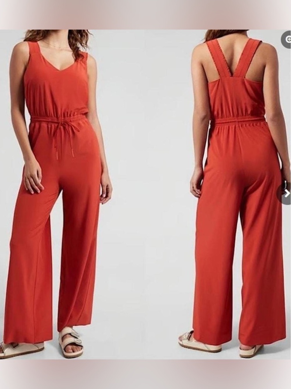 Athleta Savannah Orange-Red Wide-Leg Drawstring Jumpsuit Size 4